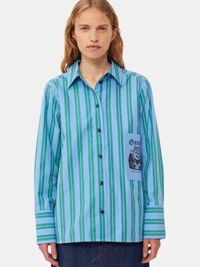 Ganni Blue and Green Striped Button-Down Shirt